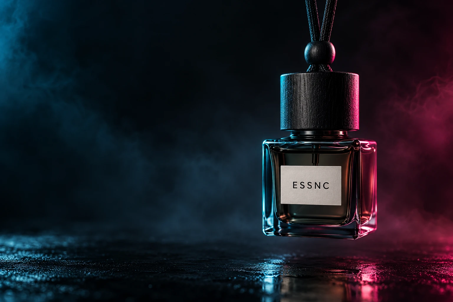 Essnc concept hanging fragrance bottle, lit in cyan and magenta
